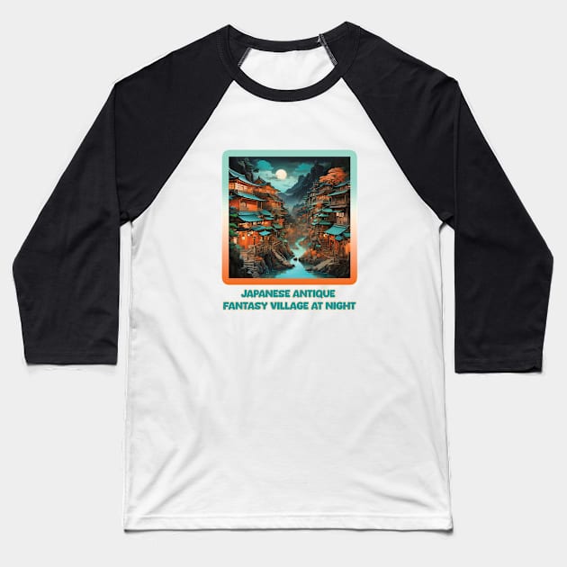 Japanese Fantasy Village Blue and Orange Tones Baseball T-Shirt by MagesticLuminous